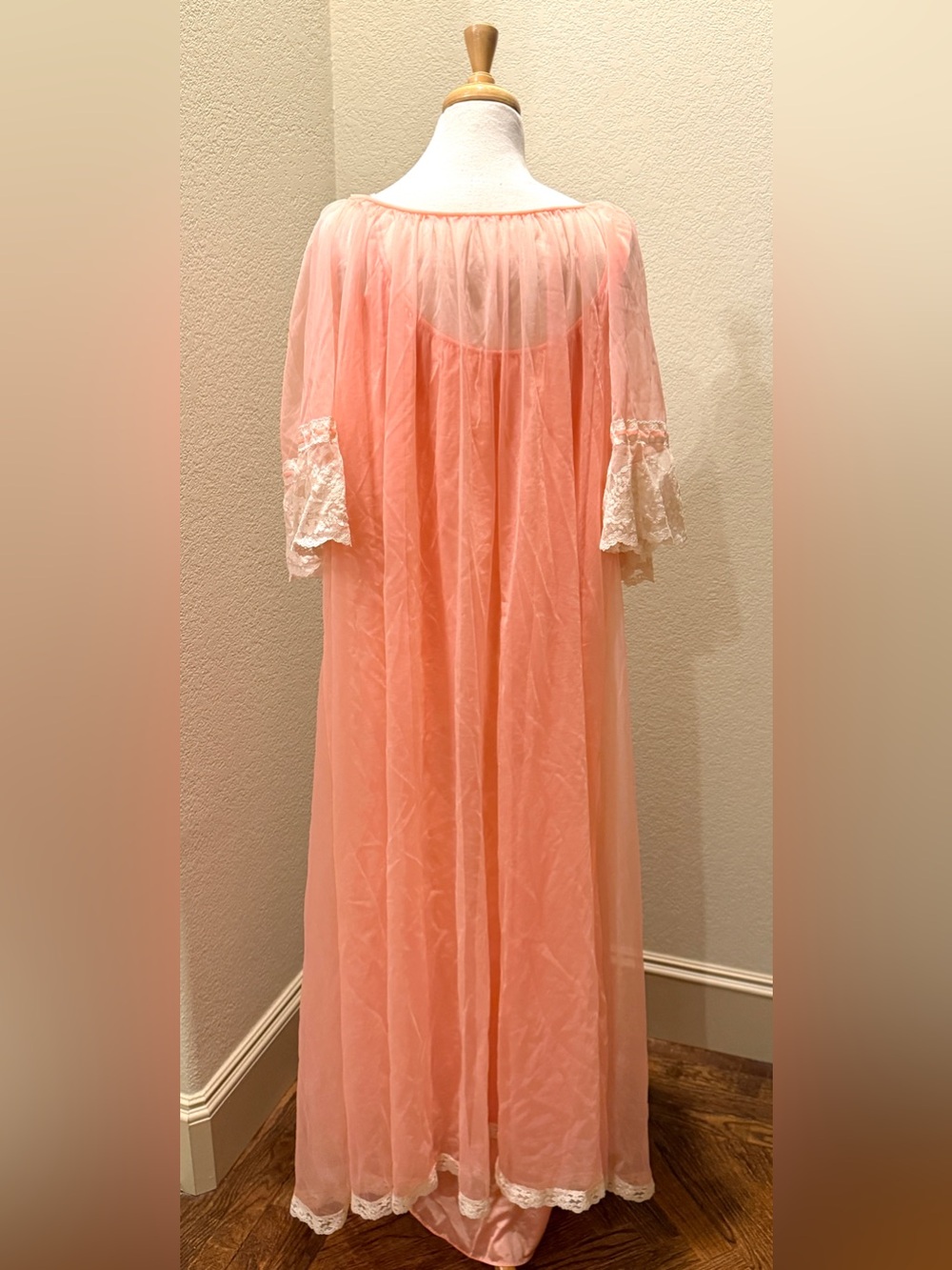 VTG 60s Sheer Peach 2 Pc Set Peignoir Robe Chiffon Lace Long Dressing Gown XXL - Picture 6 of 11